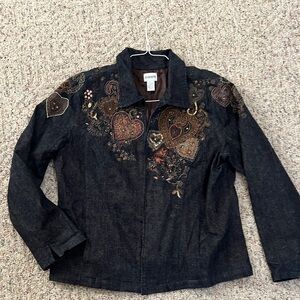 Chico's Dark Denim Embroidered Jean Jacket